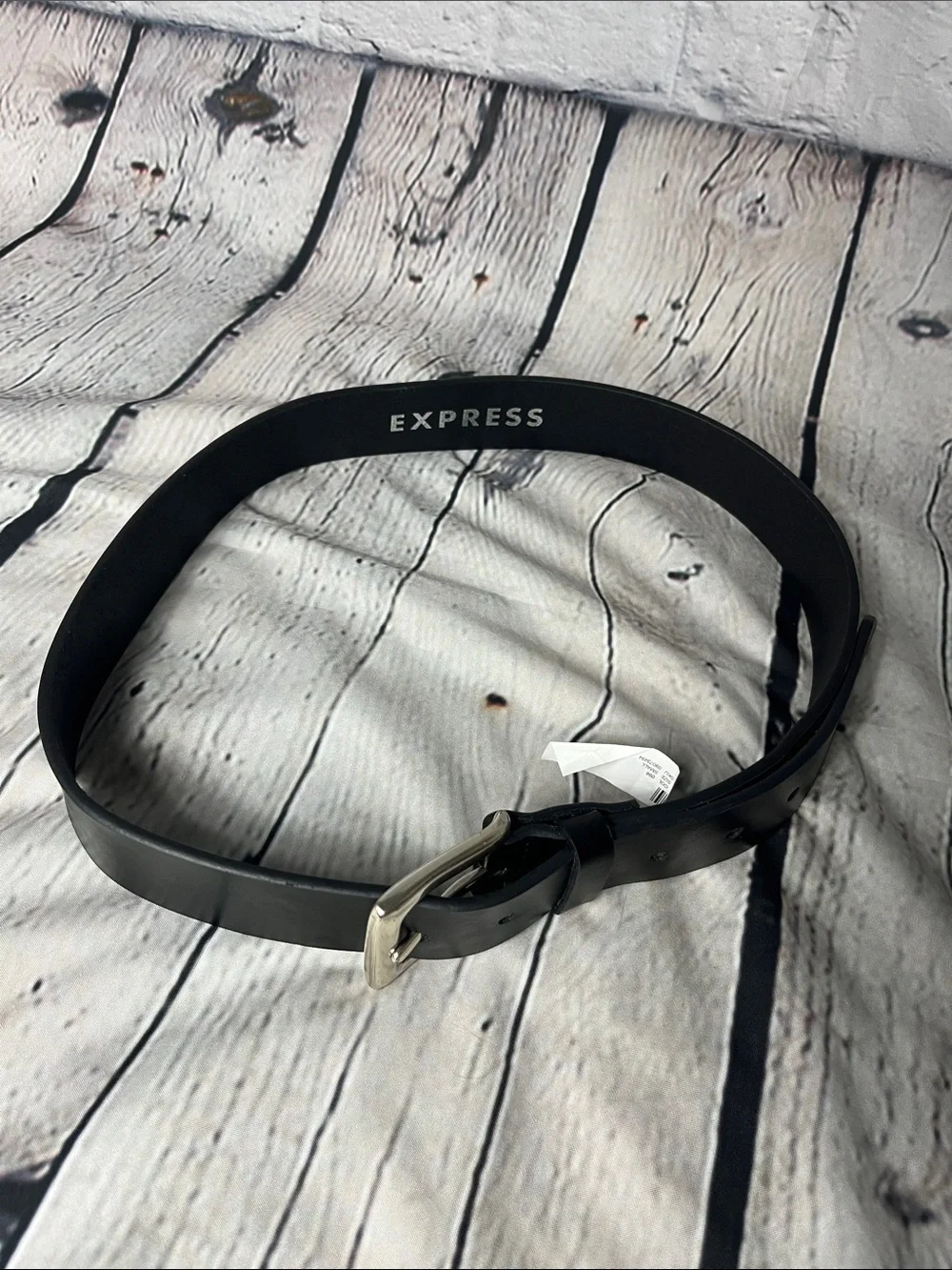 Express Black Leather Belt with Silver-Tone Rectangle Buckle